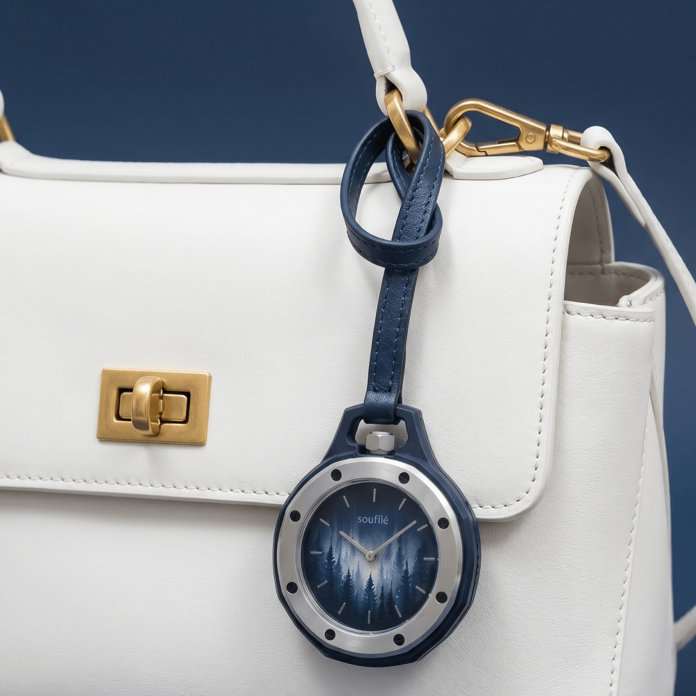 Карманные часы-обвес Souffle на белой сумке, кастомный fashion accessory с фирменным дизайном