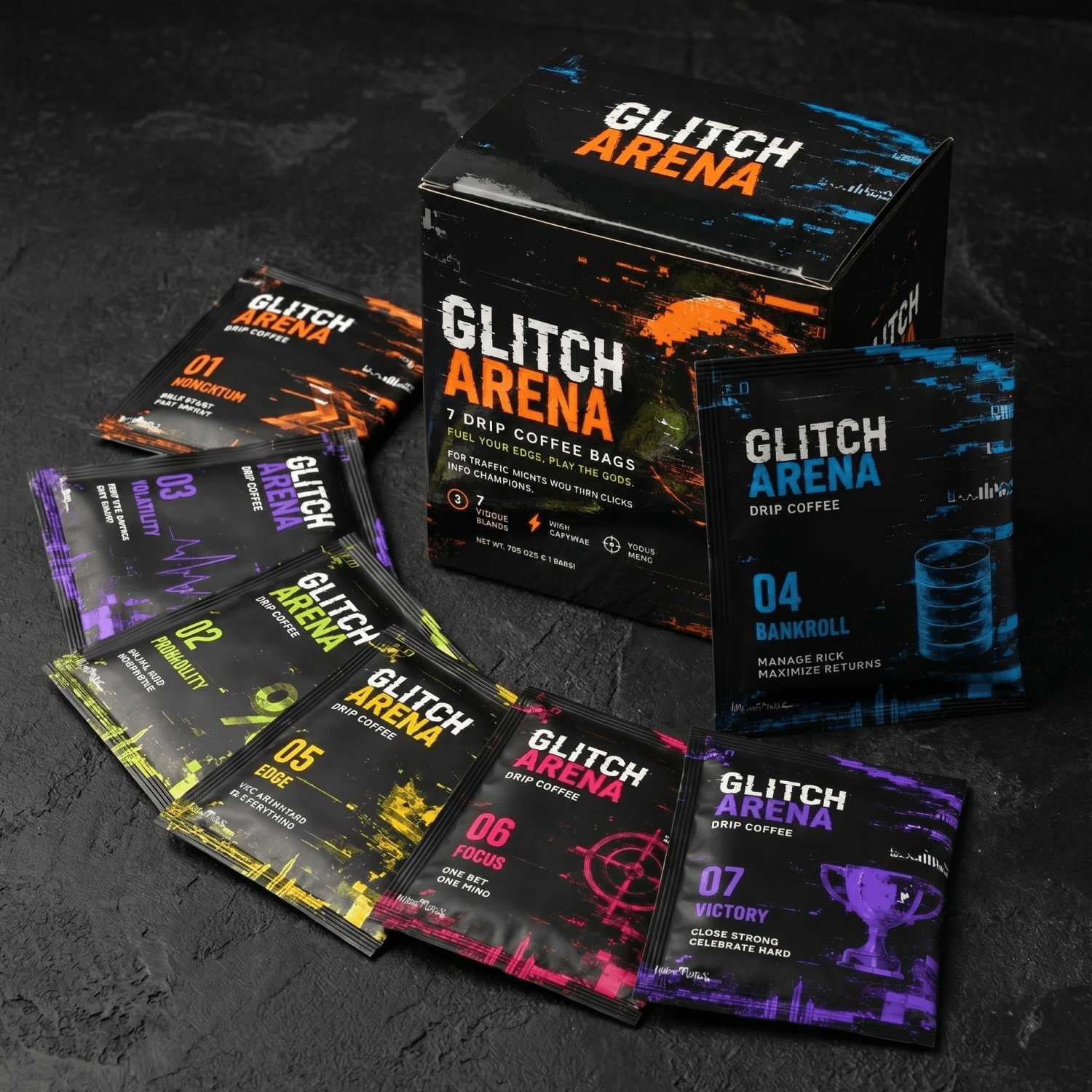Брендированная коробка и три дрип-пакета кофе GLITCH ARENA в разных дизайнах