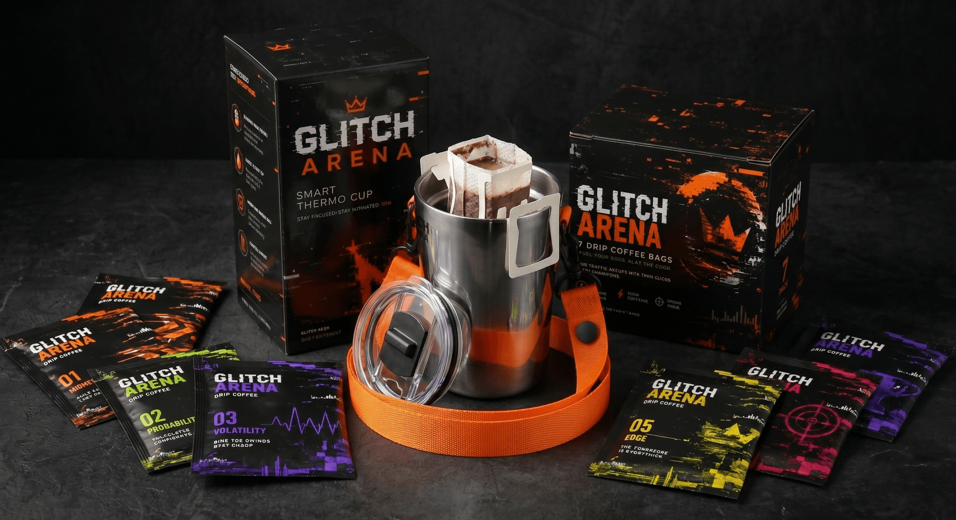 Мерч-набор GLITCH ARENA: термокружка, фирменная сумка из стропы, упаковка и набор drip coffee в брендированных пакетах